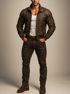 Brown Distressed Leather Jacket for Men Sheep Leather Bomber with Inner Pockets DAARAN Brunnero
