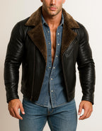 Dark Brown Shearling Aviator Leather Jacket Men's Winter Bomber Jacket | Ravenline by Daaran