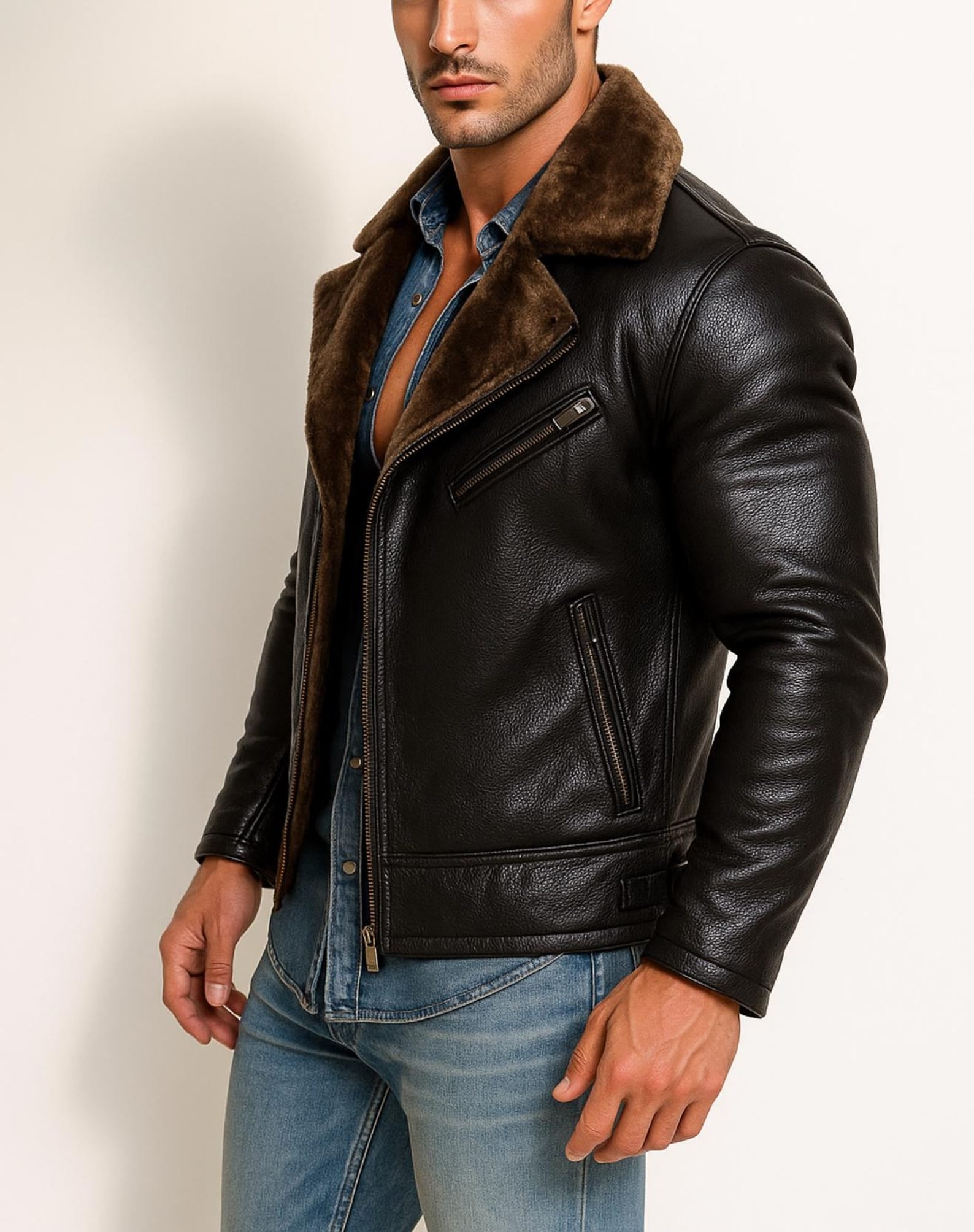 Dark Brown Shearling Aviator Leather Jacket Men's Winter Bomber Jacket | Ravenline by Daaran