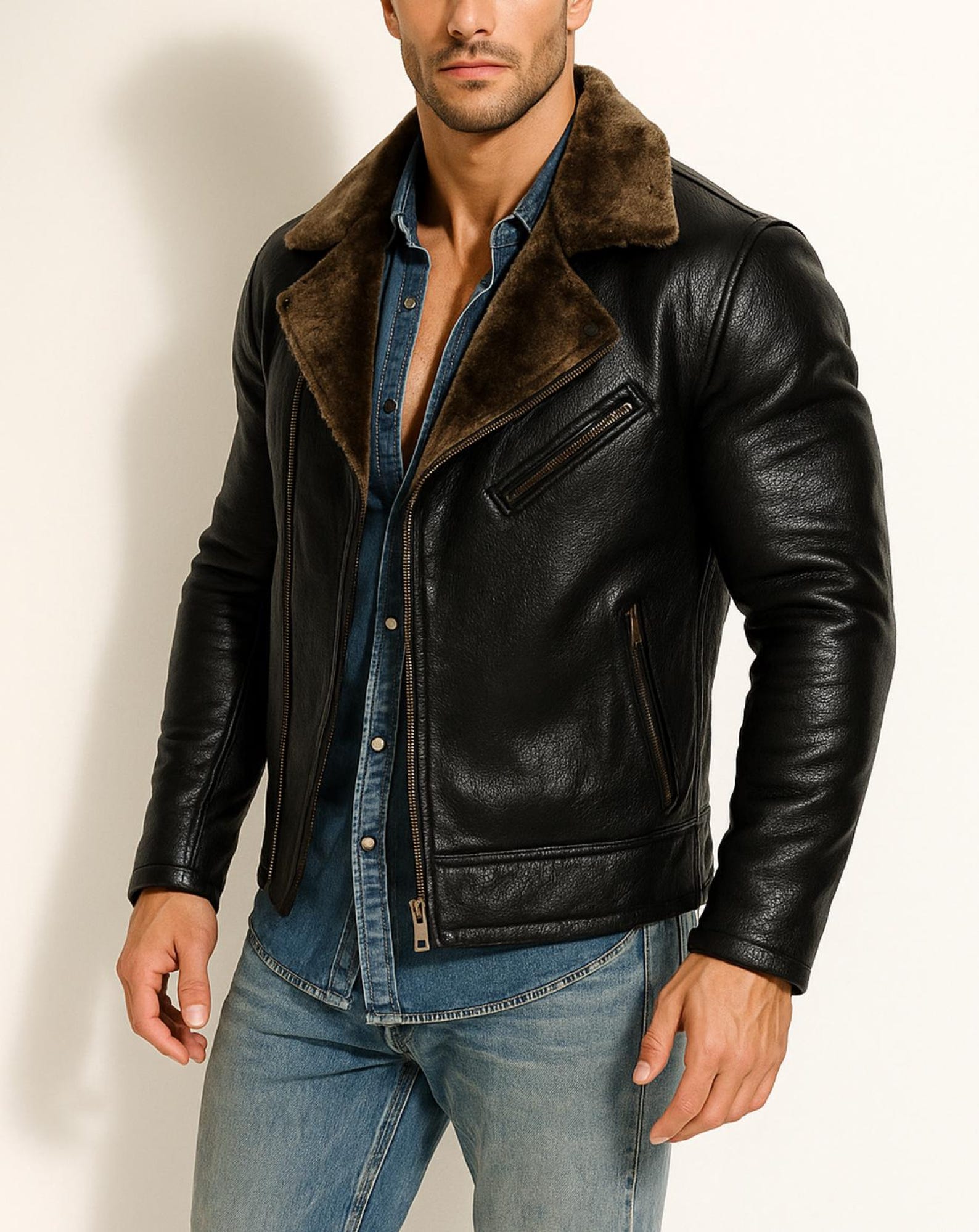 Dark Brown Shearling Aviator Leather Jacket Men's Winter Bomber Jacket | Ravenline by Daaran