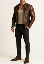 Handmade Chestnut Brown Cowhide Leather Cafe Racer Jacket