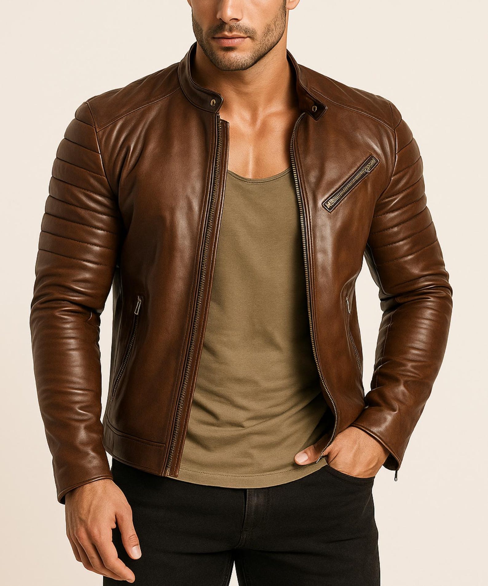Handmade Chestnut Brown Cowhide Leather Cafe Racer Jacket