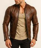 Handmade Chestnut Brown Cowhide Leather Cafe Racer Jacket