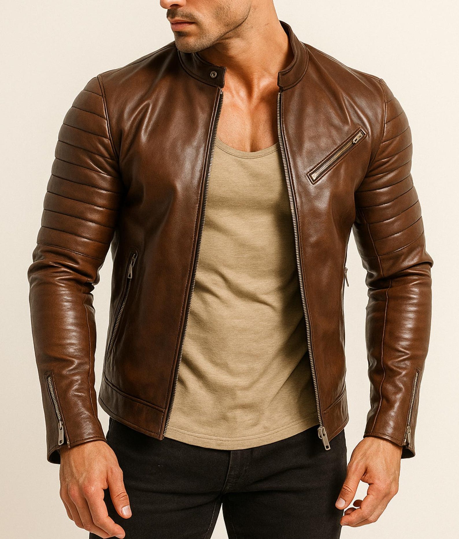 Handmade Chestnut Brown Cowhide Leather Cafe Racer Jacket