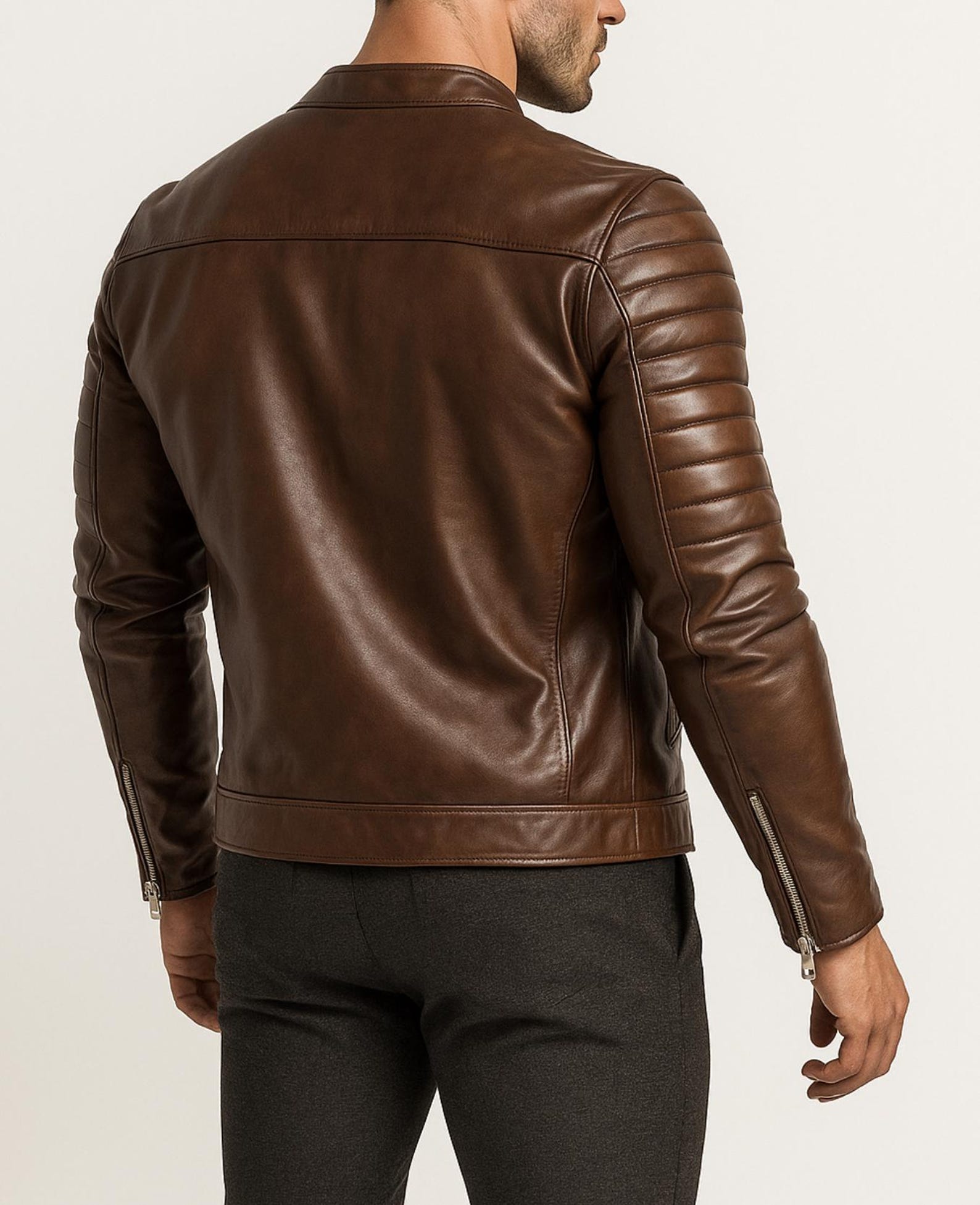 Handmade Chestnut Brown Cowhide Leather Cafe Racer Jacket