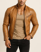 Handmade Chestnut Brown Cowhide Leather Cafe Racer Jacket