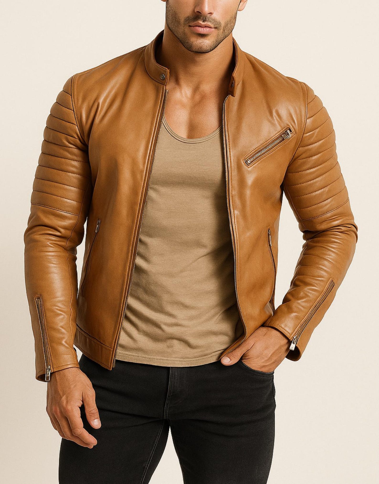 Handmade Chestnut Brown Cowhide Leather Cafe Racer Jacket