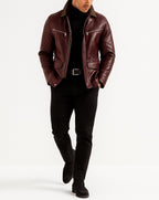 Oxblood Sheep Leather Bomber Jacket -Suede Coller, Limited Edition