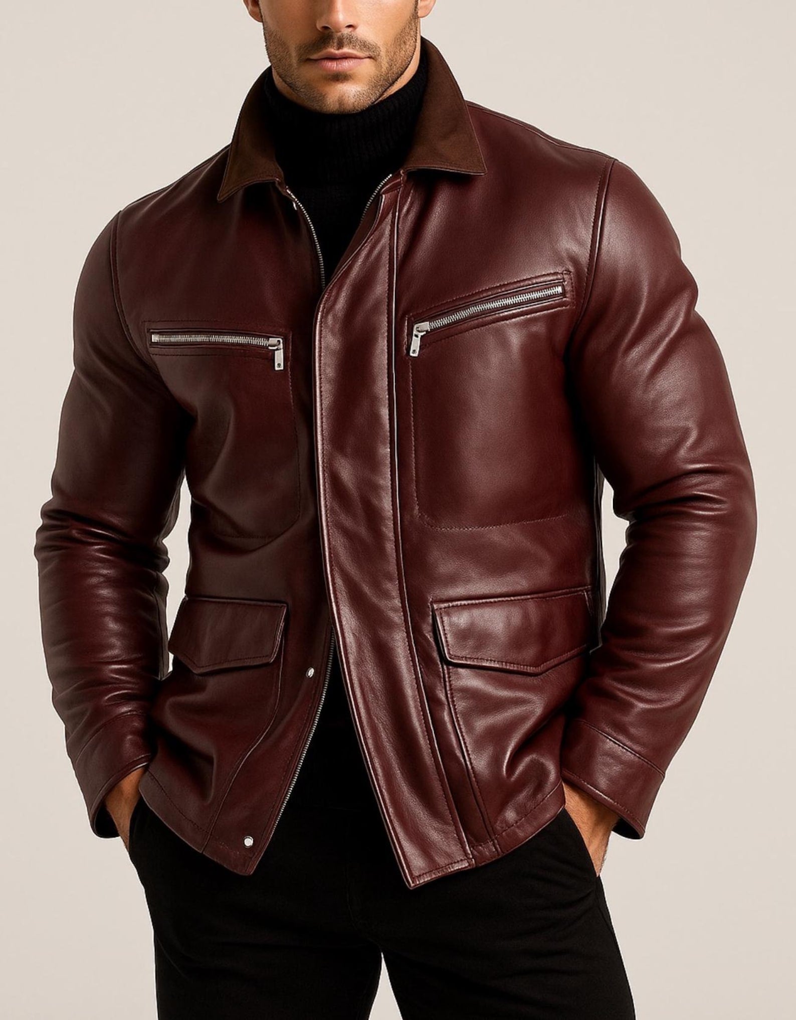 Oxblood Sheep Leather Bomber Jacket -Suede Coller, Limited Edition