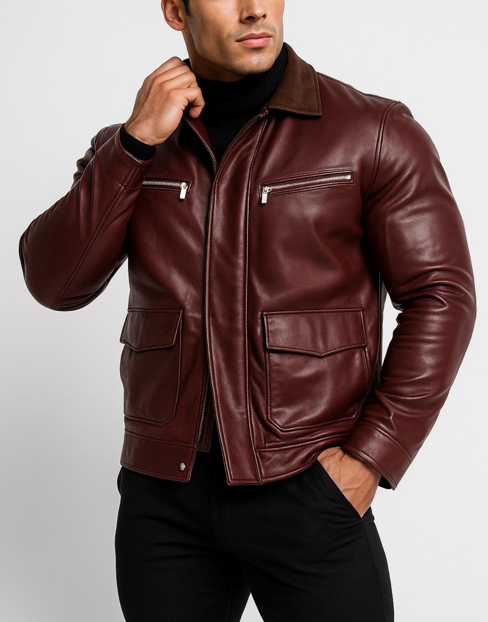 Oxblood Sheep Leather Bomber Jacket -Suede Coller, Limited Edition
