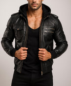 Black Sheep Leather Bomber Jacket with Detachable Hoodie - YKK Zippers