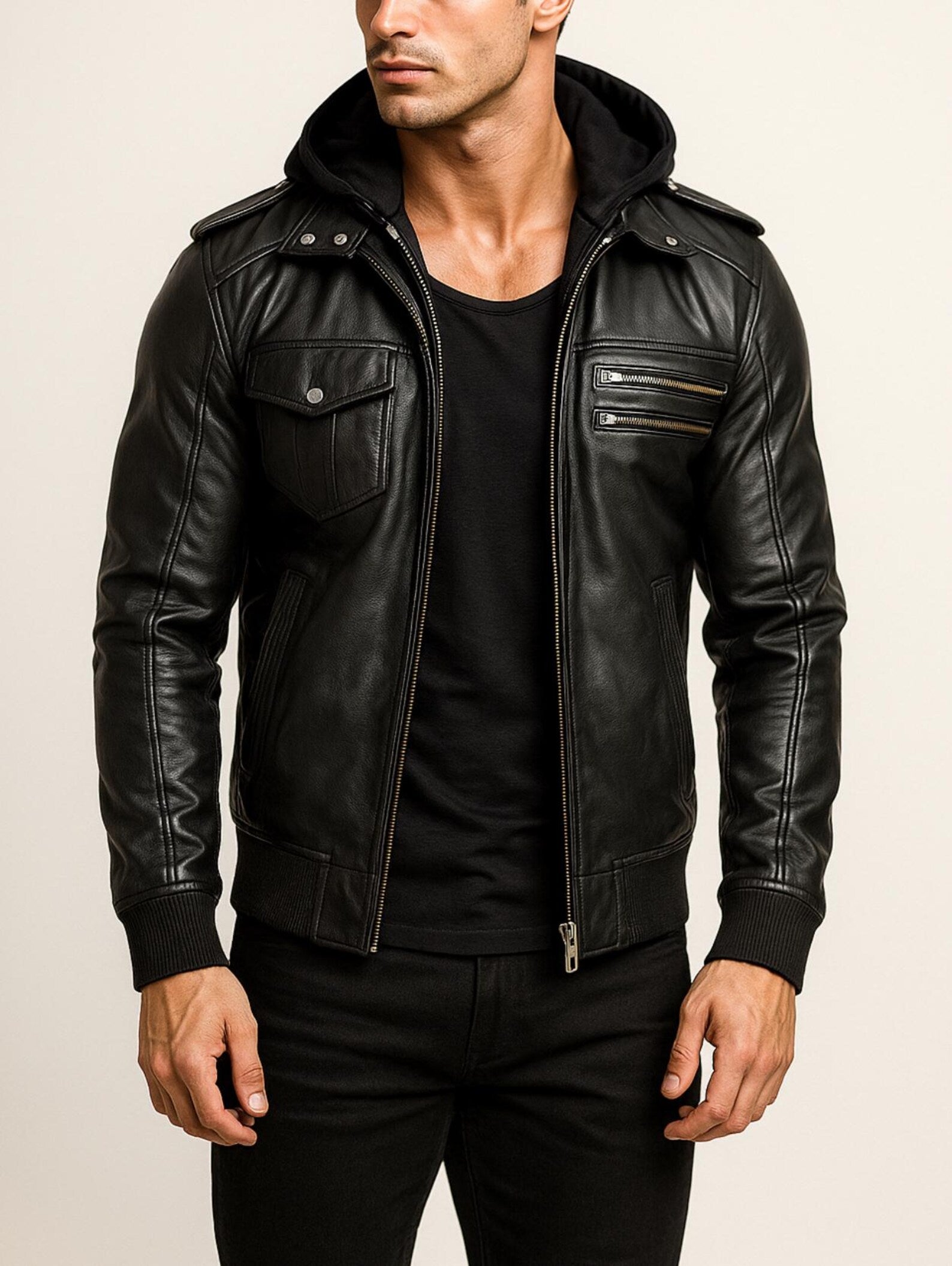 Black Sheep Leather Bomber Jacket with Detachable Hoodie - YKK Zippers