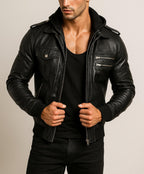 Black Sheep Leather Bomber Jacket with Detachable Hoodie - YKK Zippers