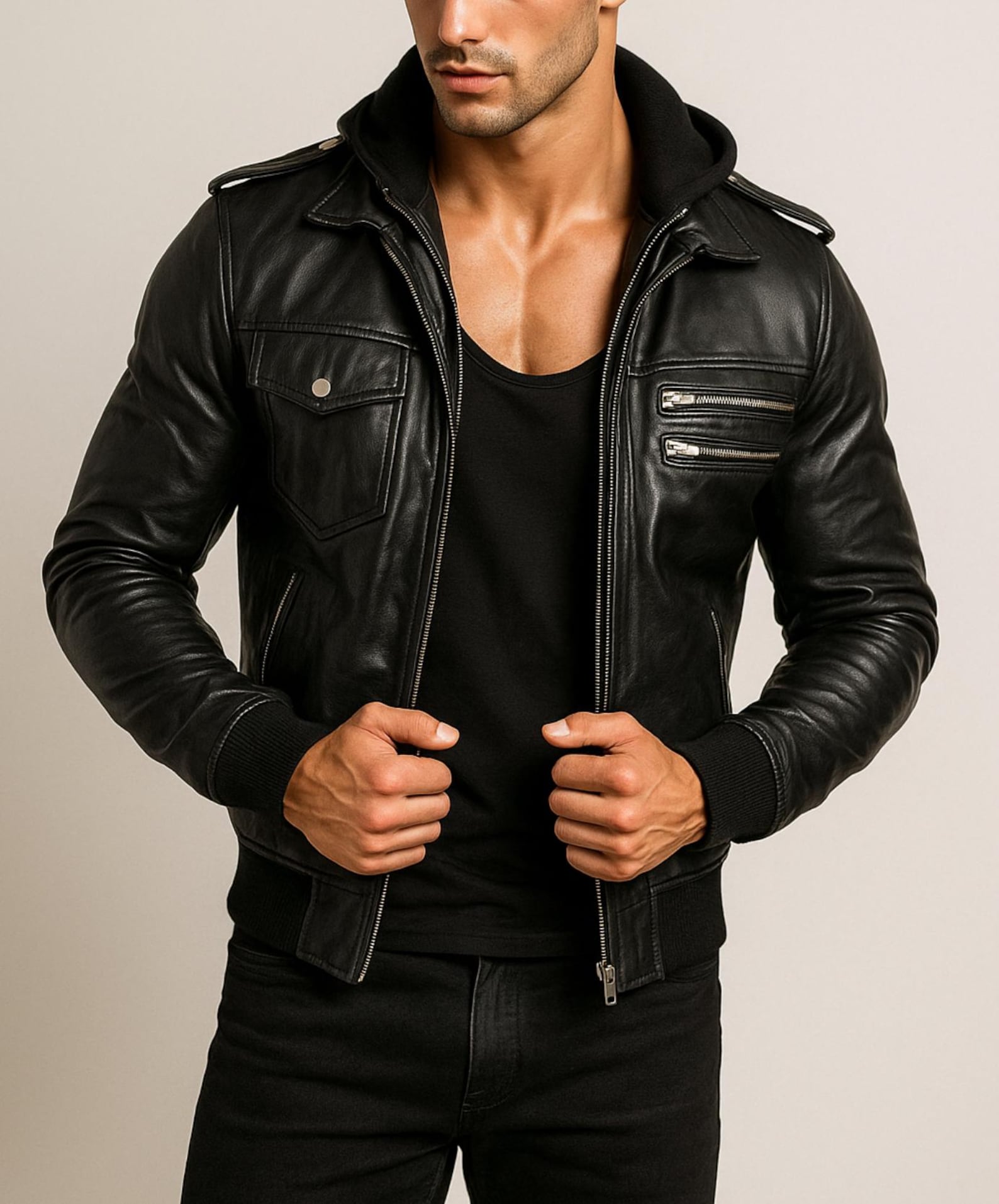 Black Sheep Leather Bomber Jacket with Detachable Hoodie - YKK Zippers