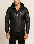Black Sheep Leather Bomber Jacket with Detachable Hoodie - YKK Zippers