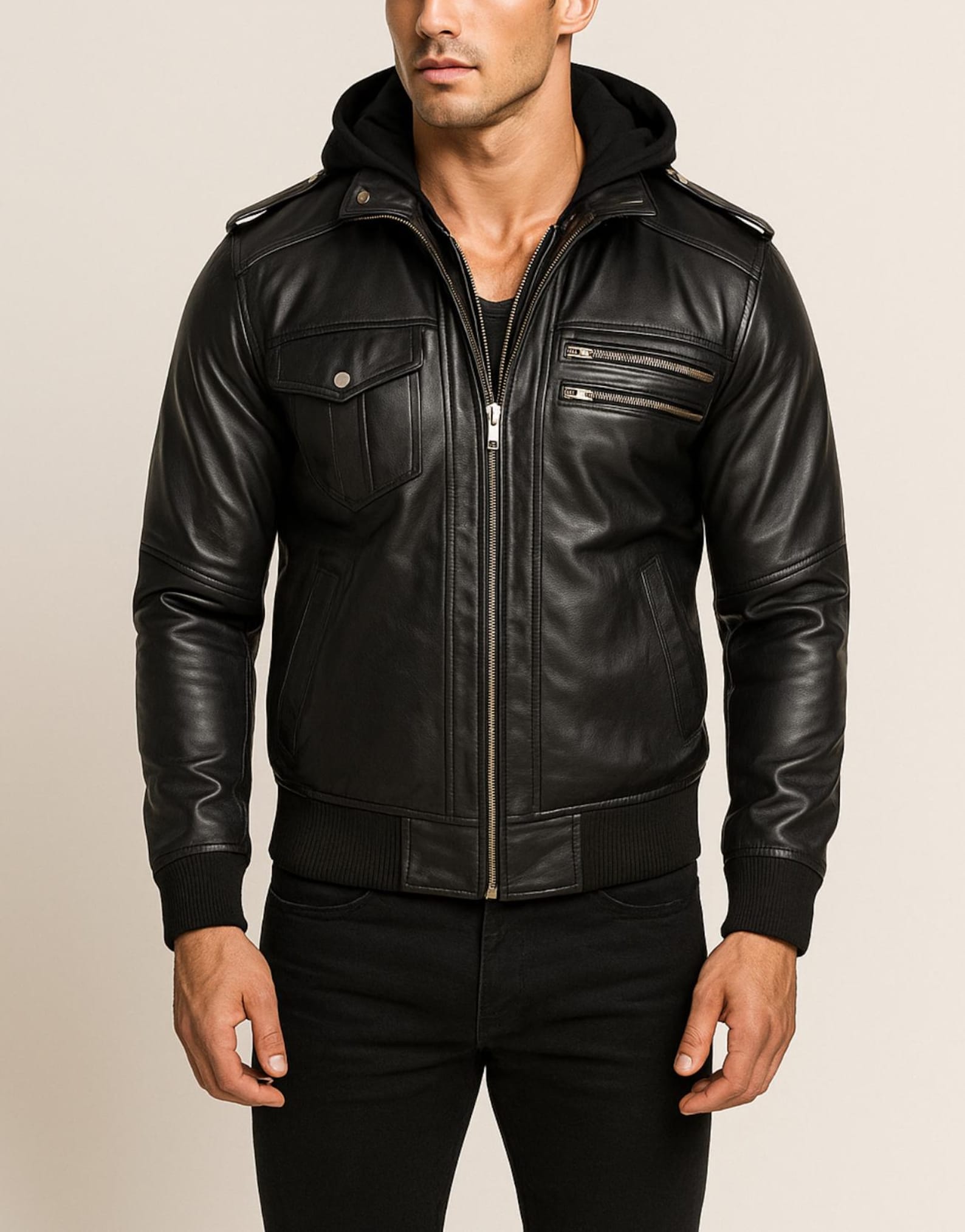 Black Sheep Leather Bomber Jacket with Detachable Hoodie - YKK Zippers