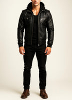 Black Sheep Leather Bomber Jacket with Detachable Hoodie - YKK Zippers