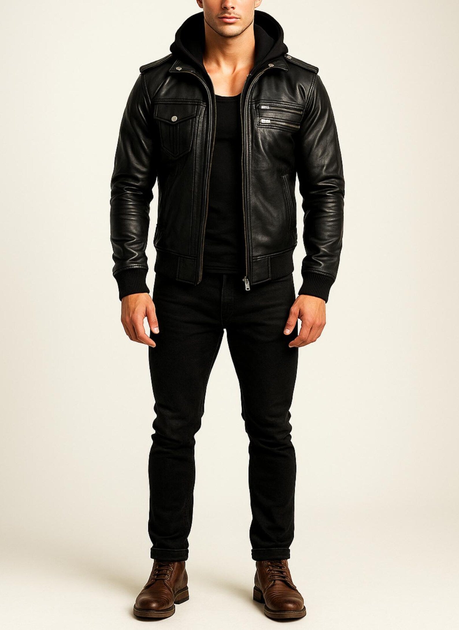 Black Sheep Leather Bomber Jacket with Detachable Hoodie - YKK Zippers