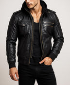 Black Sheep Leather Bomber Jacket with Detachable Hoodie - YKK Zippers
