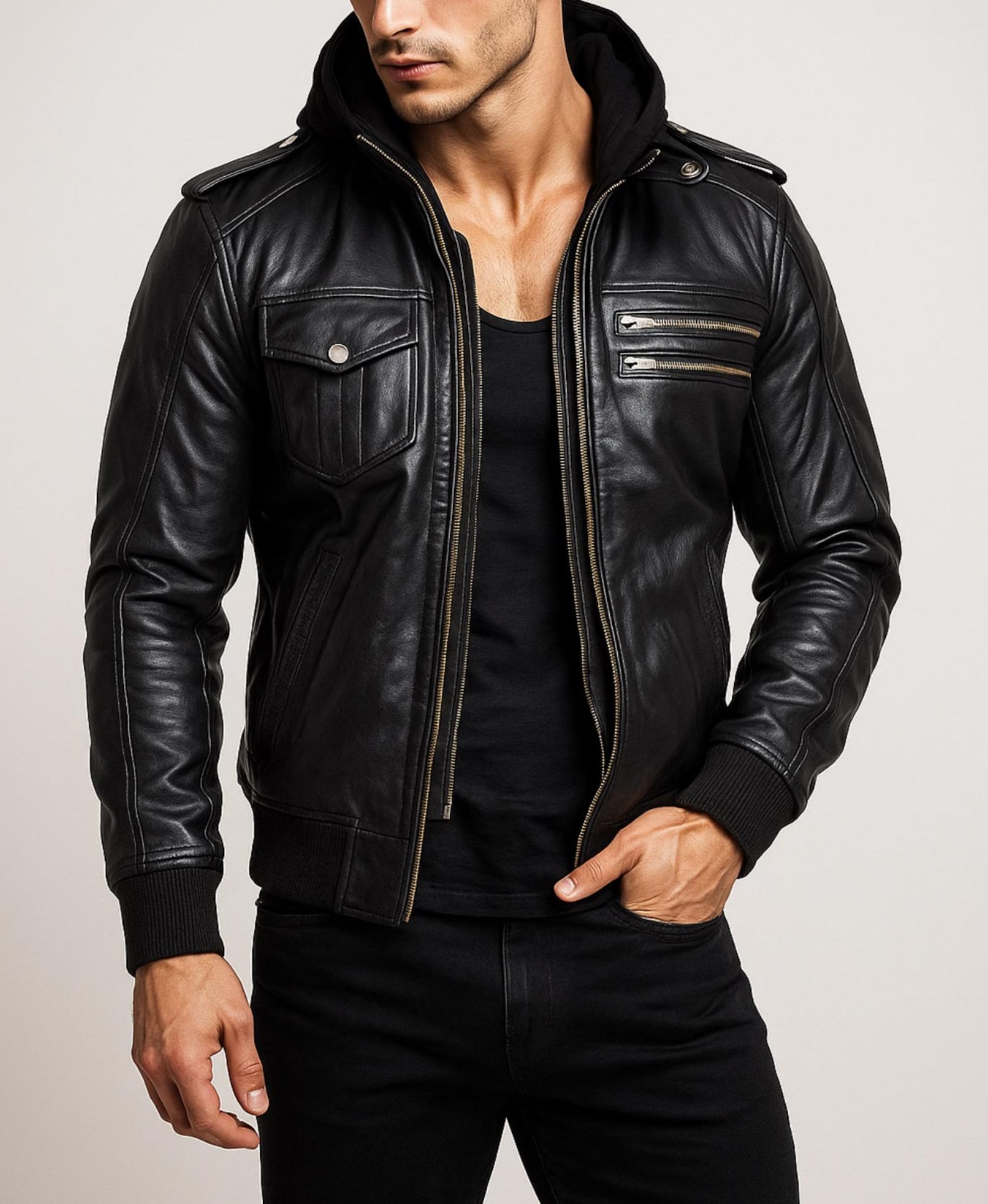 Black Sheep Leather Bomber Jacket with Detachable Hoodie - YKK Zippers