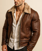 Brown Suede Leather Aviator Jacket | Shearling Fur Collar, Handmade