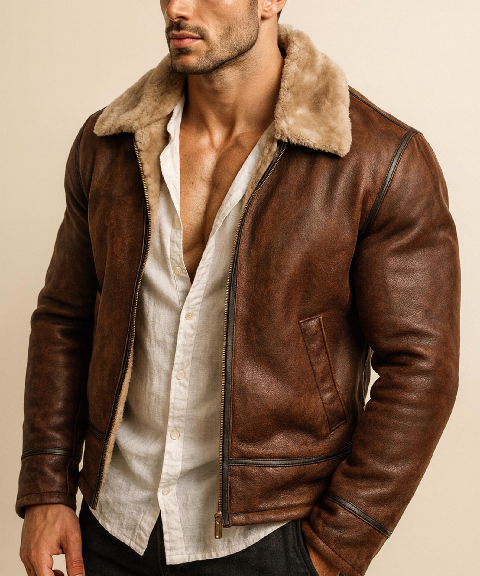 Brown Suede Leather Aviator Jacket | Shearling Fur Collar, Handmade