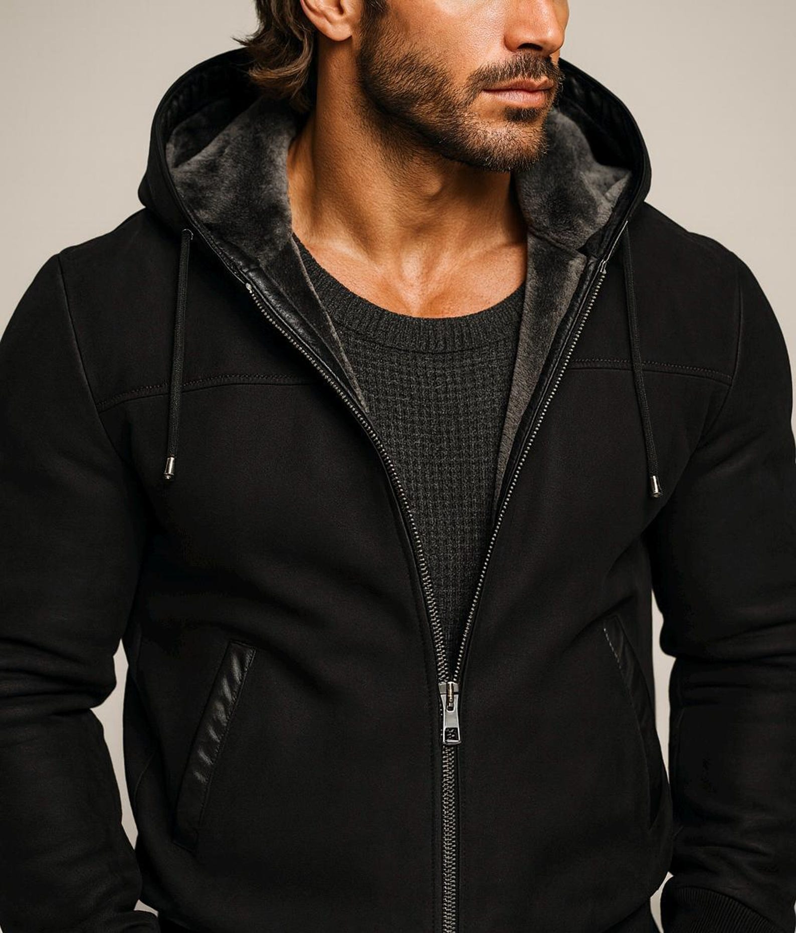 Black Suede Leather Shearling Hoodie Jacket for Men – DRAVIK by Daaran