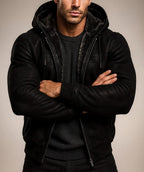 Black Suede Leather Shearling Hoodie Jacket for Men – DRAVIK by Daaran