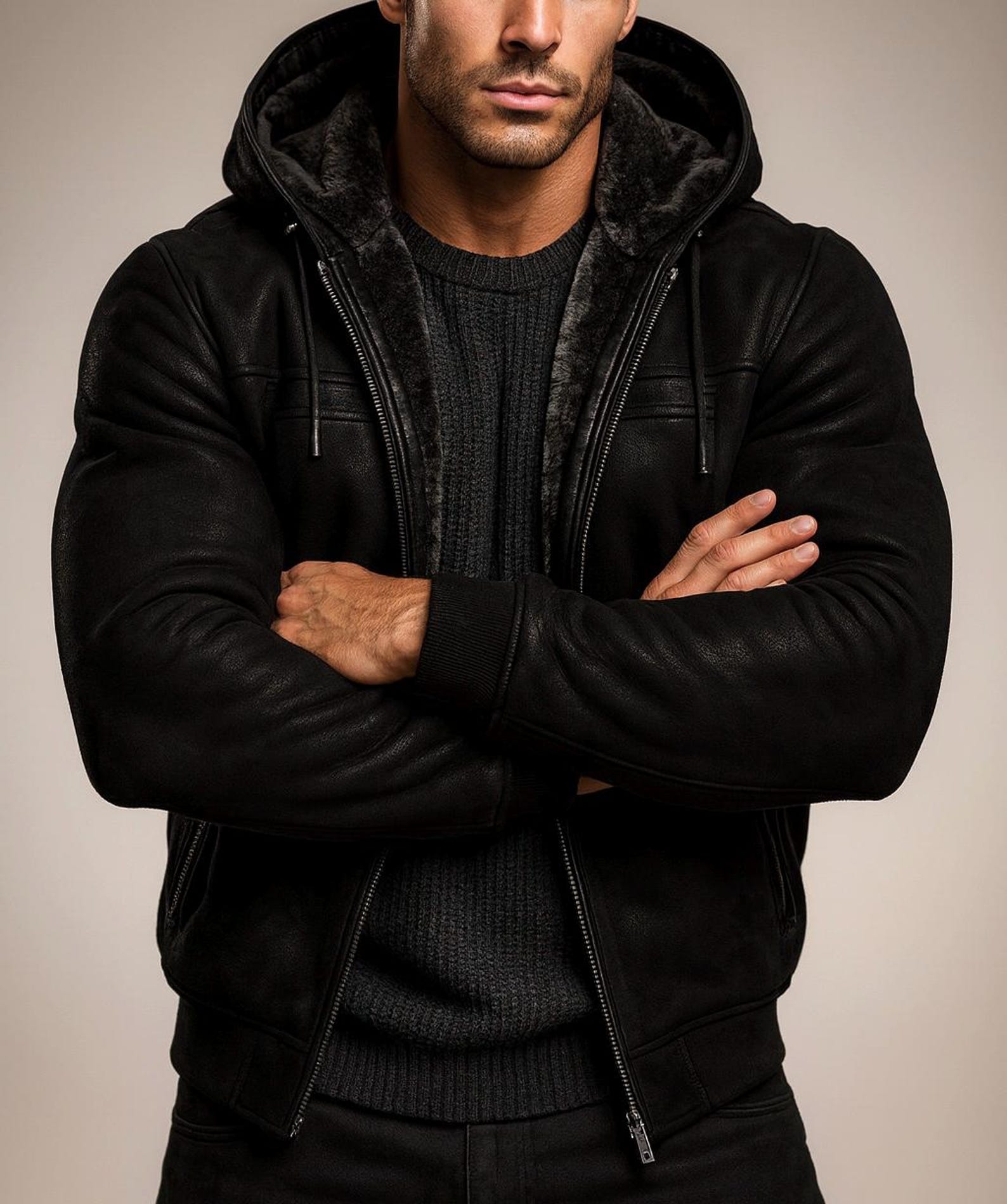 Black Suede Leather Shearling Hoodie Jacket for Men – DRAVIK by Daaran