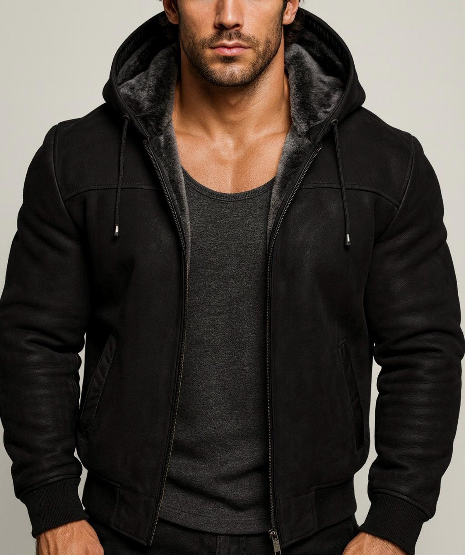Black Suede Leather Shearling Hoodie Jacket for Men – DRAVIK by Daaran
