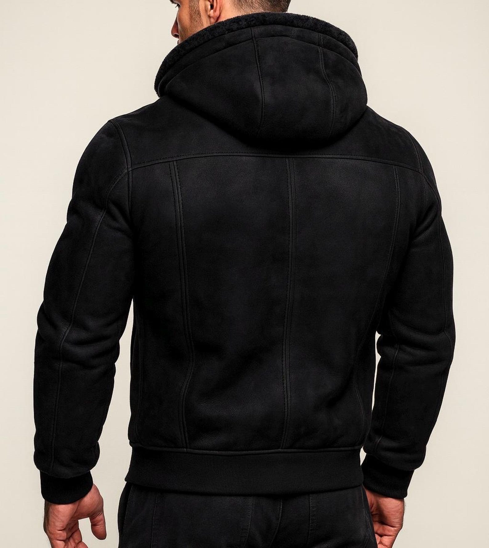 Black Suede Leather Shearling Hoodie Jacket for Men – DRAVIK by Daaran