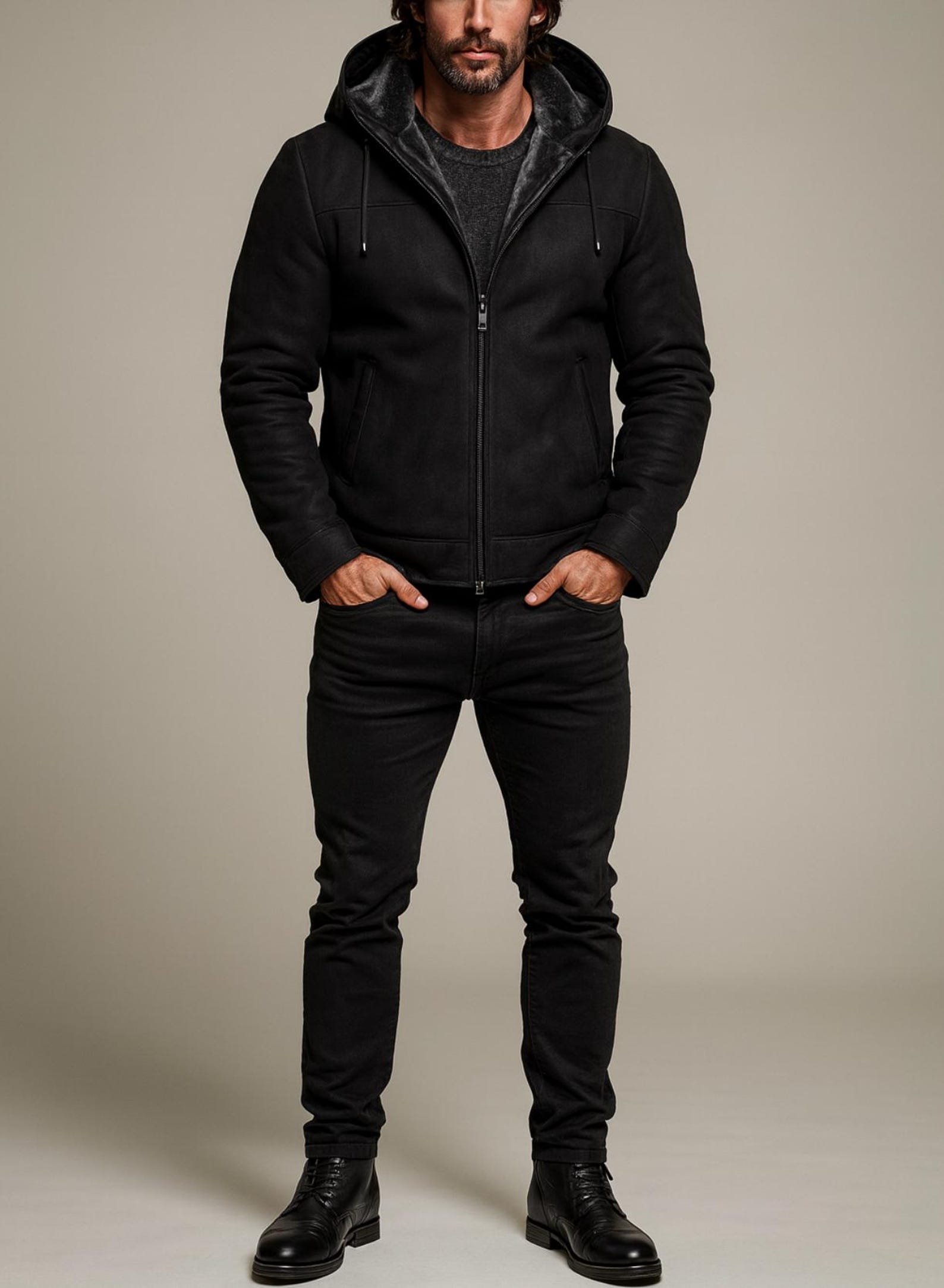 Black Suede Leather Shearling Hoodie Jacket for Men – DRAVIK by Daaran