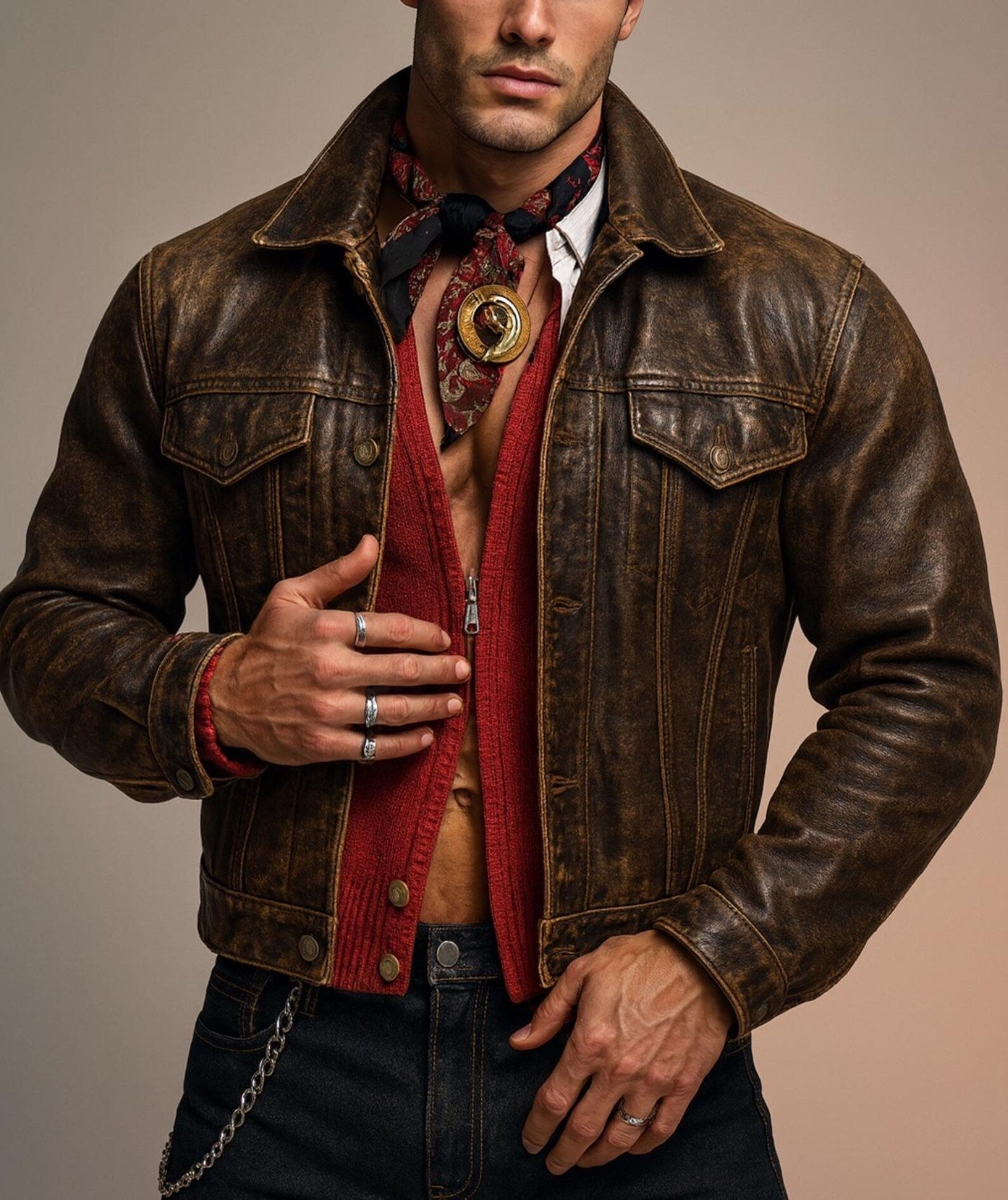 Brown Distressed Trucker Jacket | Men's Vintage Burnished Outerwear | Daaran Rustell