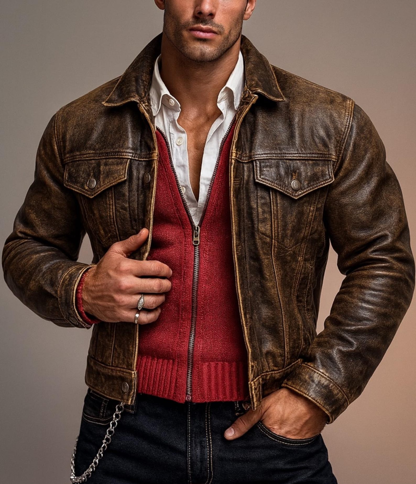 Brown Distressed Trucker Jacket | Men's Vintage Burnished Outerwear | Daaran Rustell