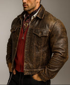 Brown Distressed Trucker Jacket | Men's Vintage Burnished Outerwear | Daaran Rustell