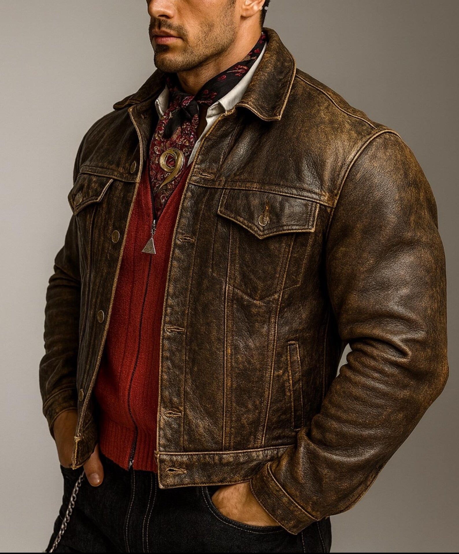 Brown Distressed Trucker Jacket | Men's Vintage Burnished Outerwear | Daaran Rustell