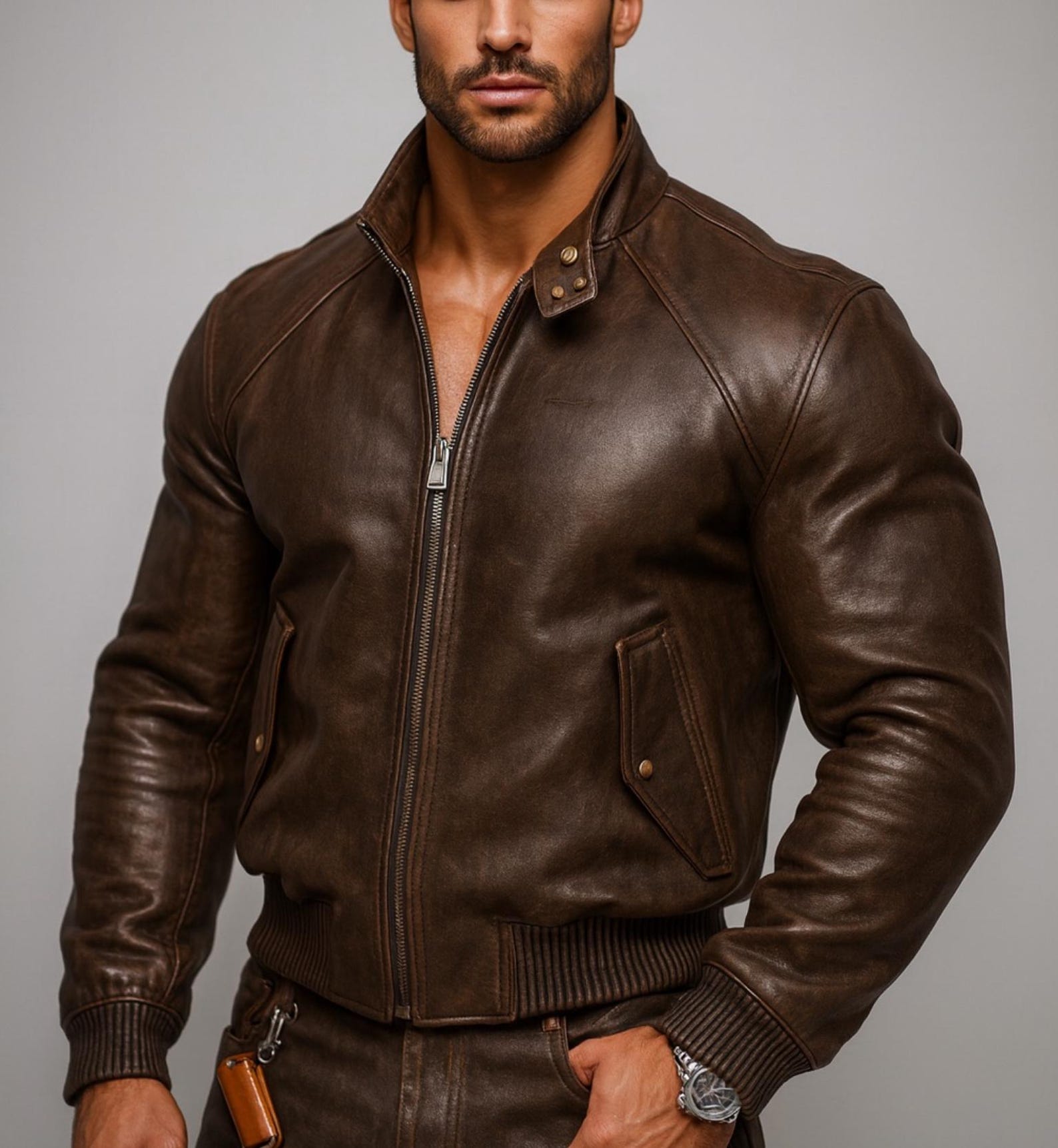 Brown Distressed Leather Jacket for Men Sheep Leather Bomber with Inner Pockets DAARAN Brunnero
