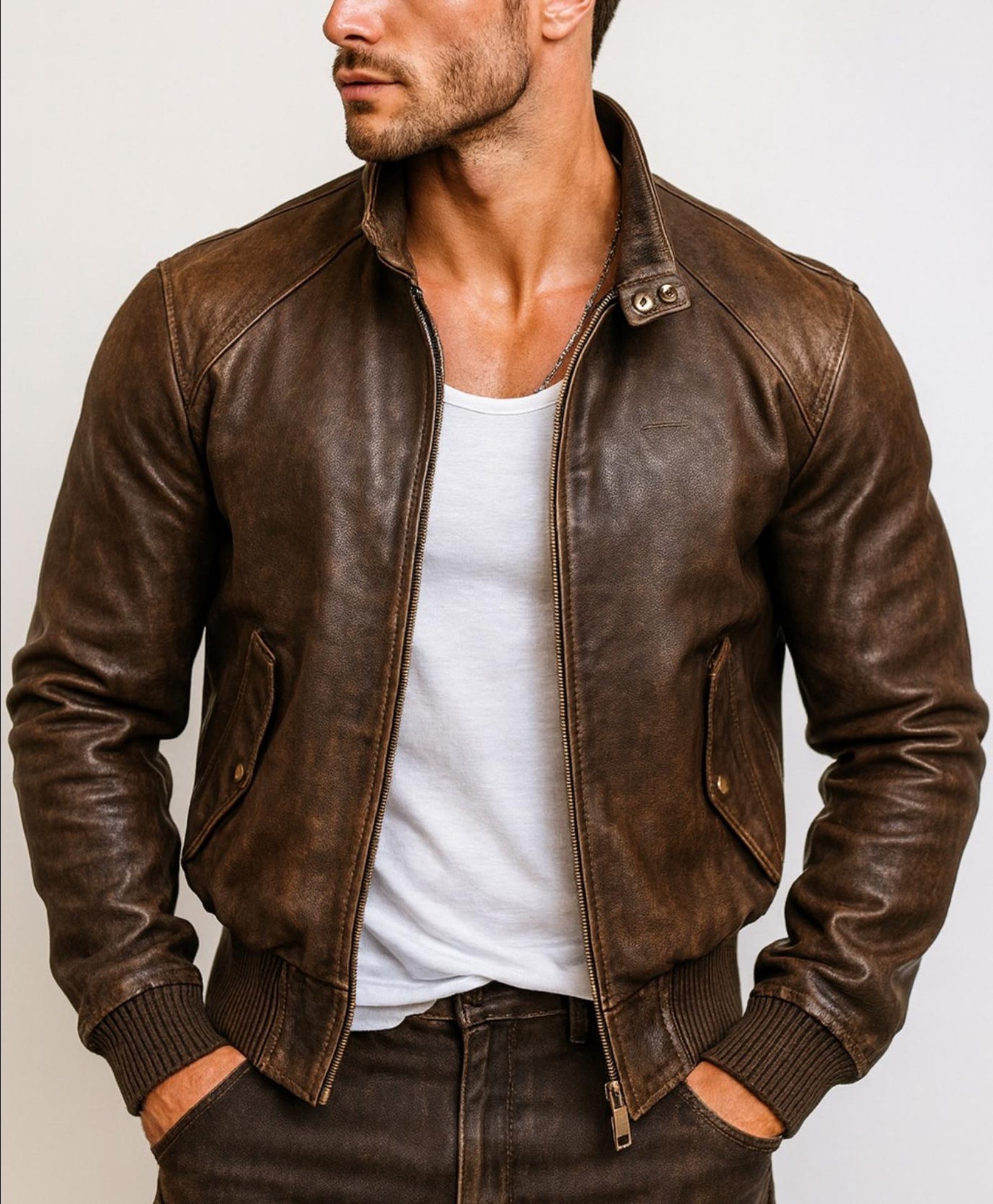 Brown Distressed Leather Jacket for Men Sheep Leather Bomber with Inner Pockets DAARAN Brunnero