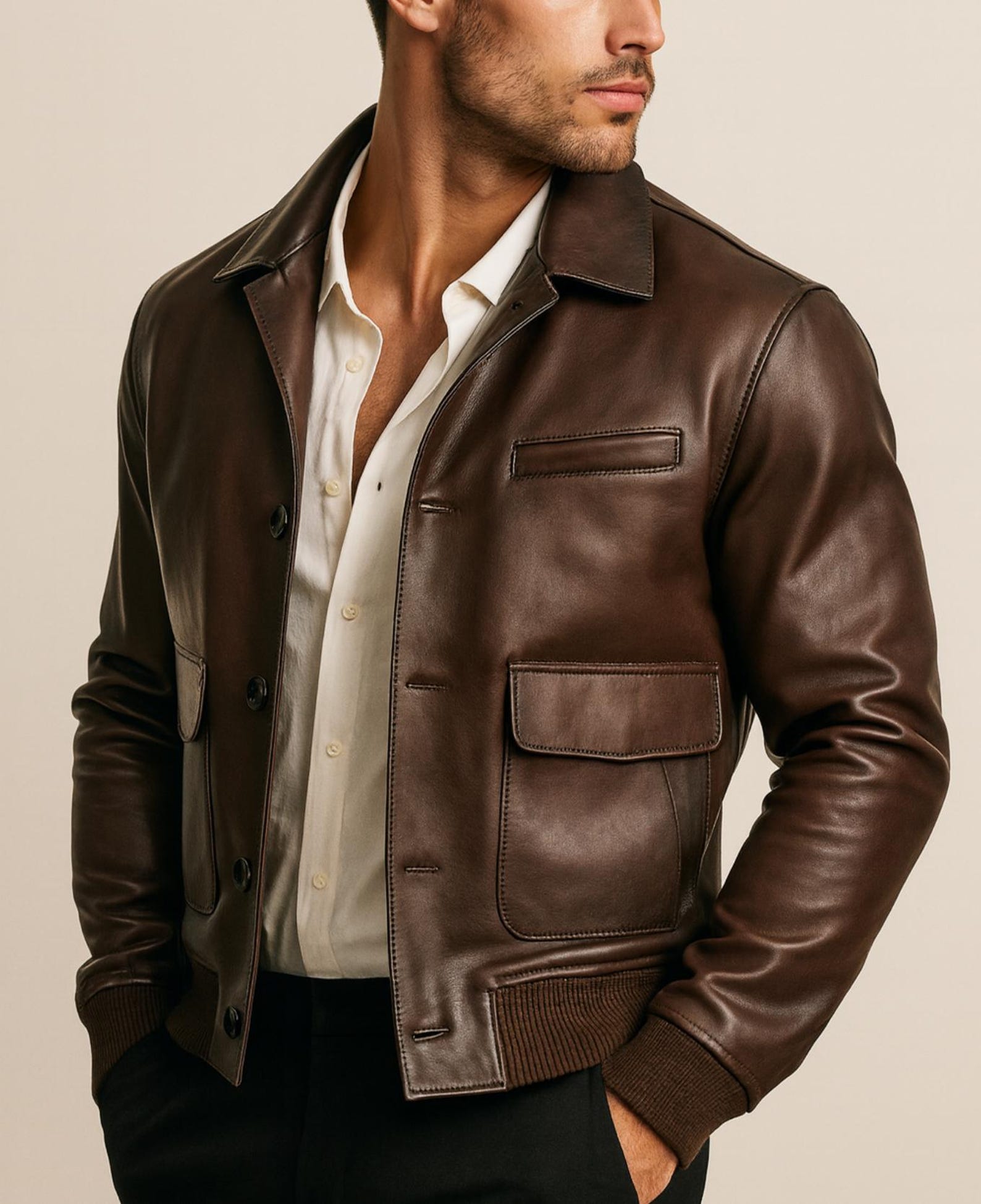 Brown Sheep Leather Bomber Jacket for Men | Real Leather Outerwear | Havaro by Daaran