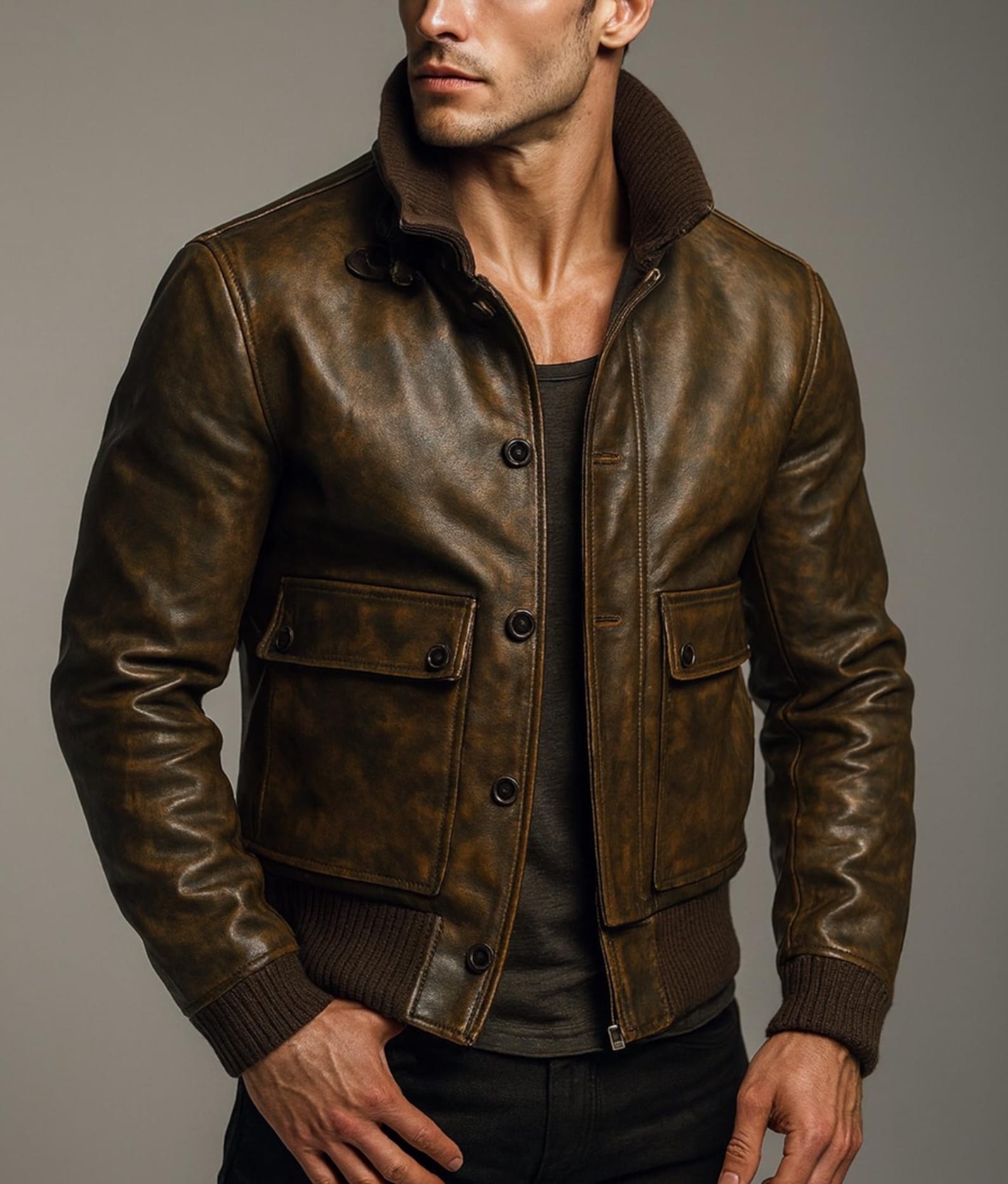Vintage Brown Leather Bomber Jacket for Men | Distressed Outerwear DAARAN Ravvion