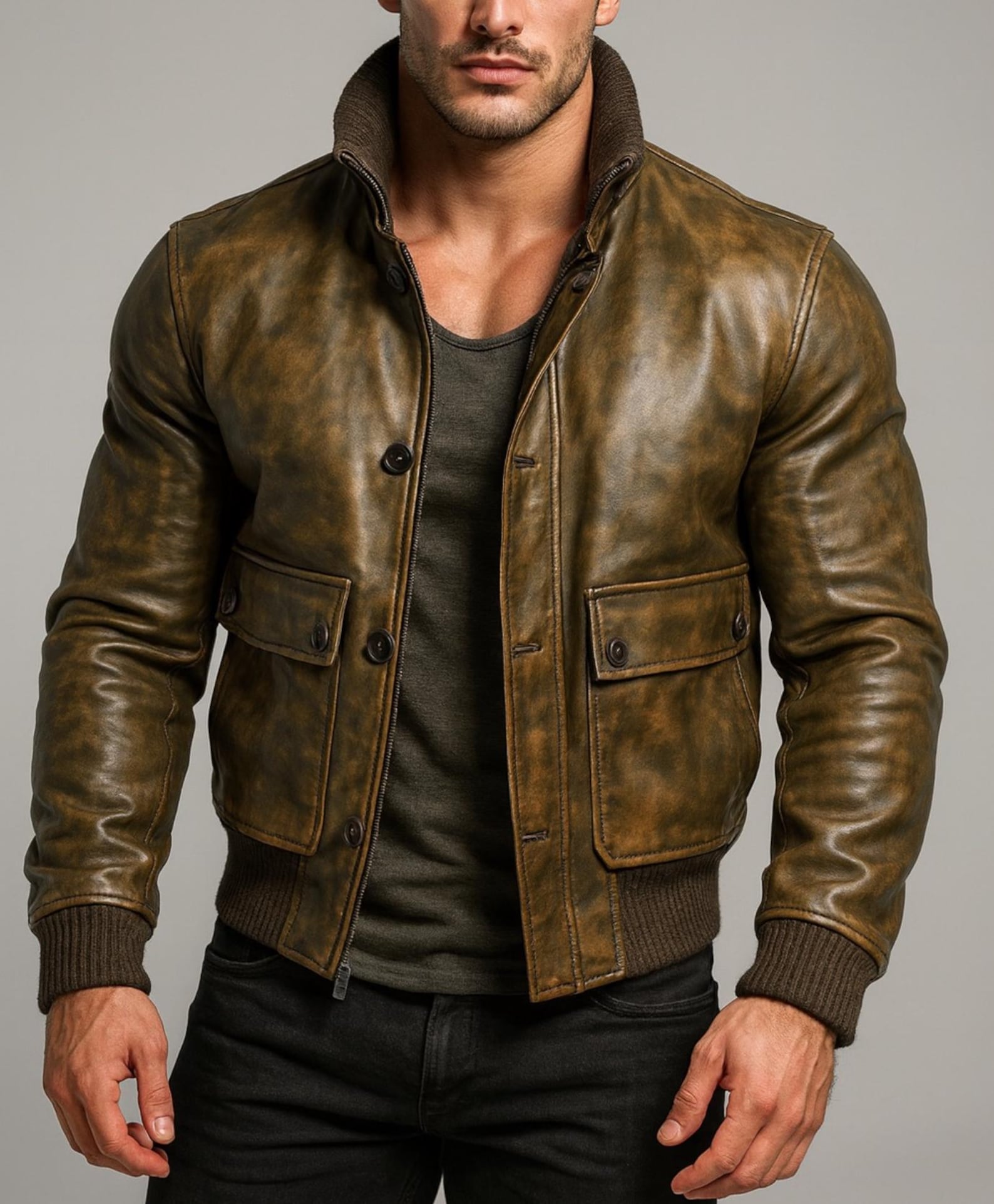 Vintage Brown Leather Bomber Jacket for Men | Distressed Outerwear DAARAN Ravvion
