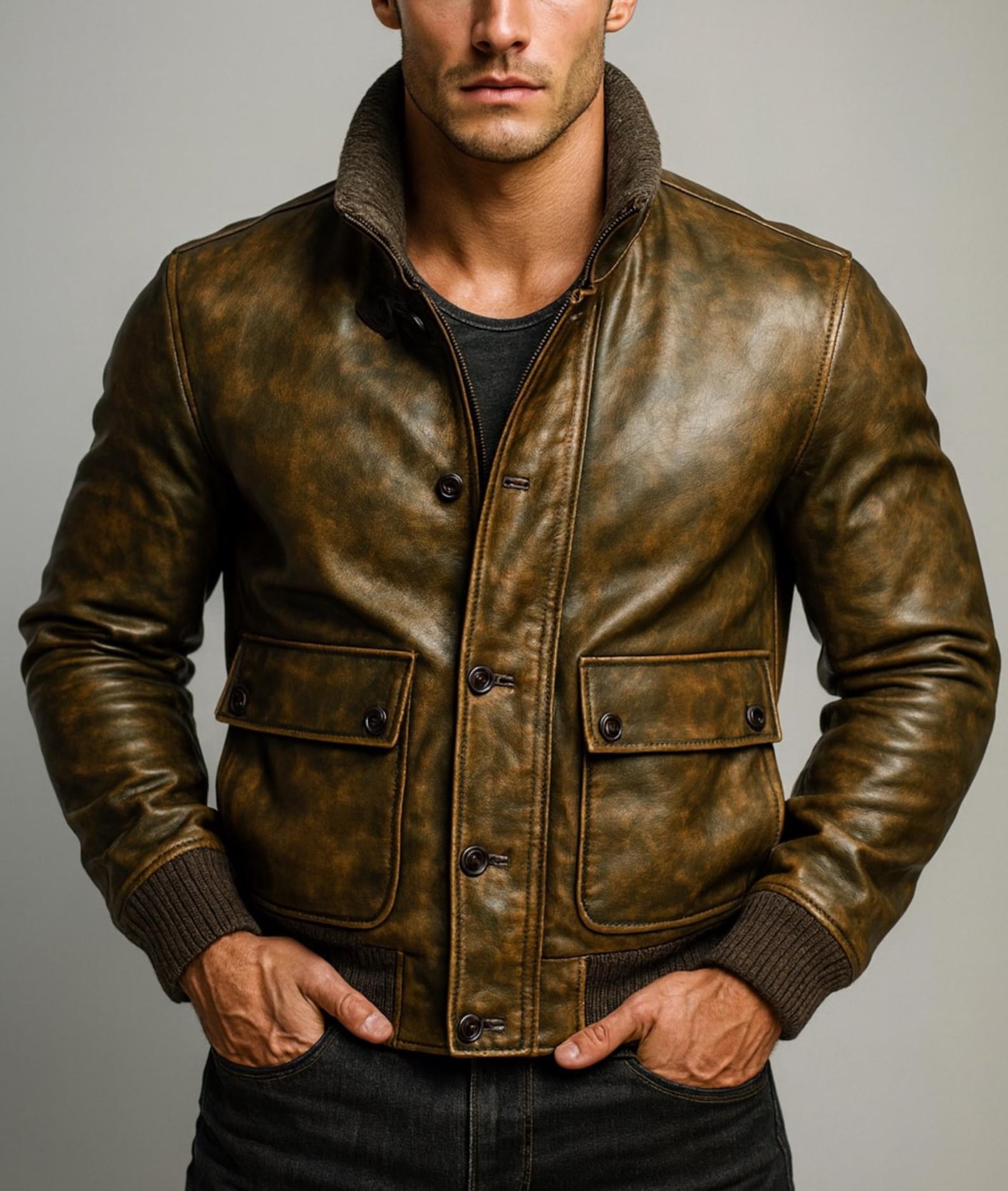 Vintage Brown Leather Bomber Jacket for Men | Distressed Outerwear DAARAN Ravvion