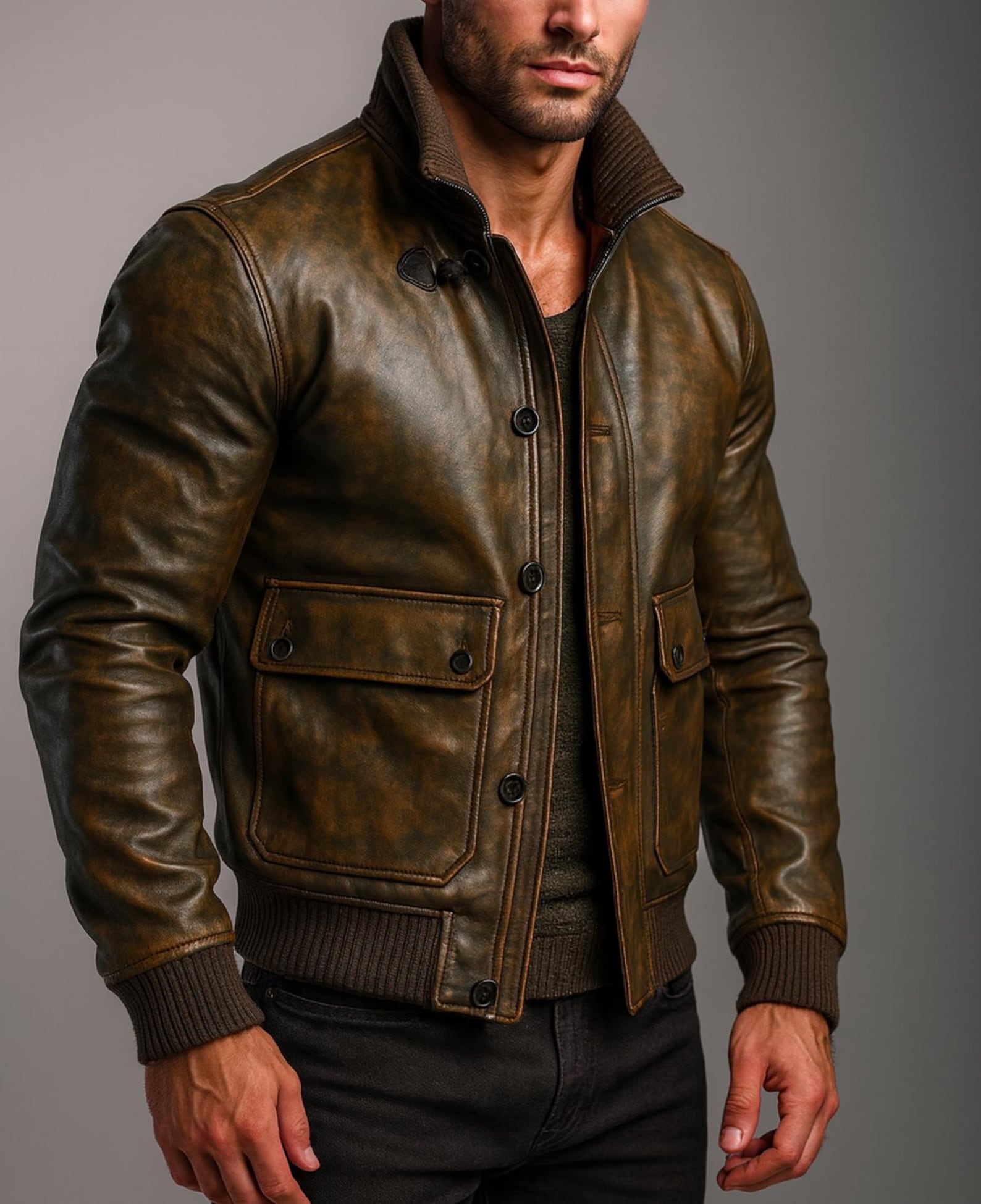 Vintage Brown Leather Bomber Jacket for Men | Distressed Outerwear DAARAN Ravvion
