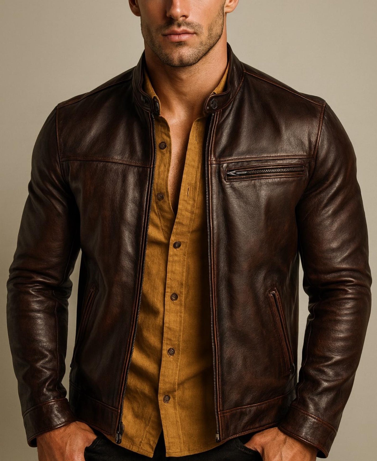 Men's Brown Sheep Leather Moto lacket | Slim Fit Racer Stryker by Daaran
