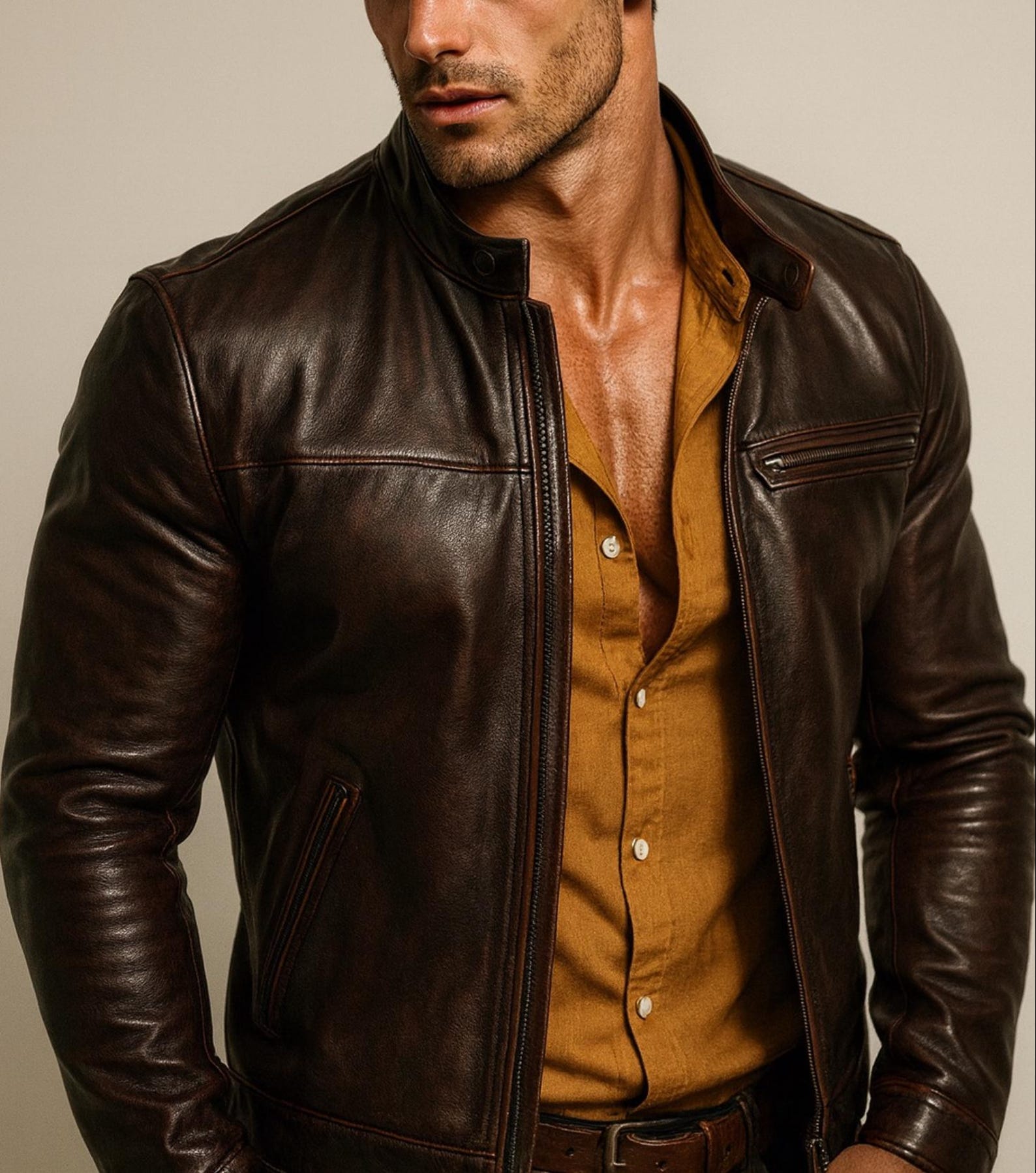 Men's Brown Sheep Leather Moto lacket | Slim Fit Racer Stryker by Daaran
