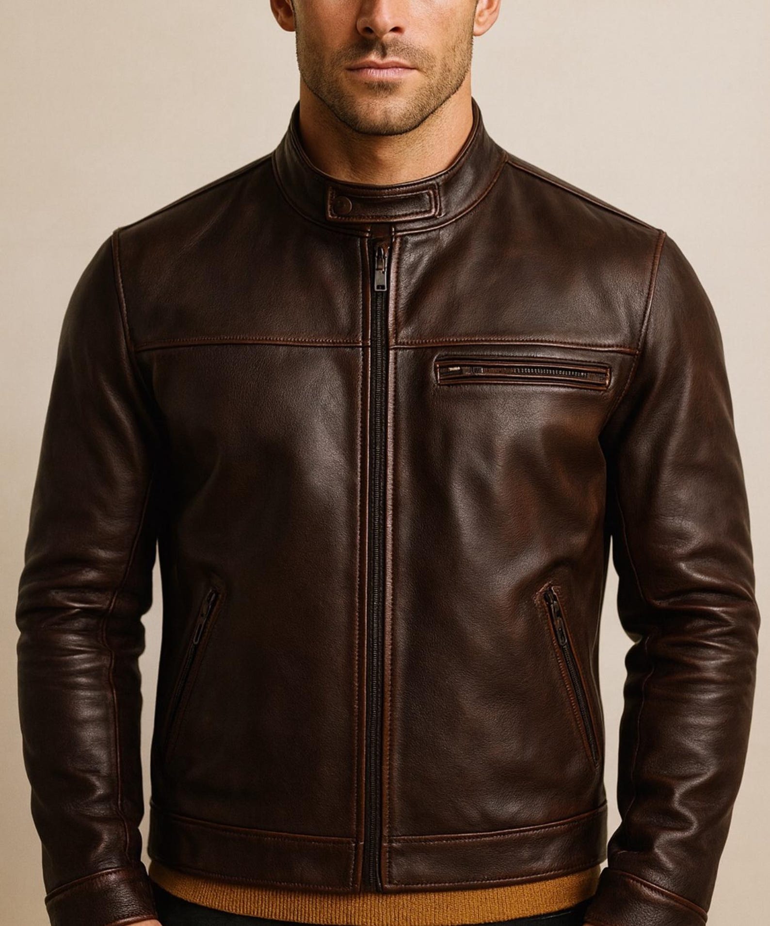 Men's Brown Sheep Leather Moto lacket | Slim Fit Racer Stryker by Daaran