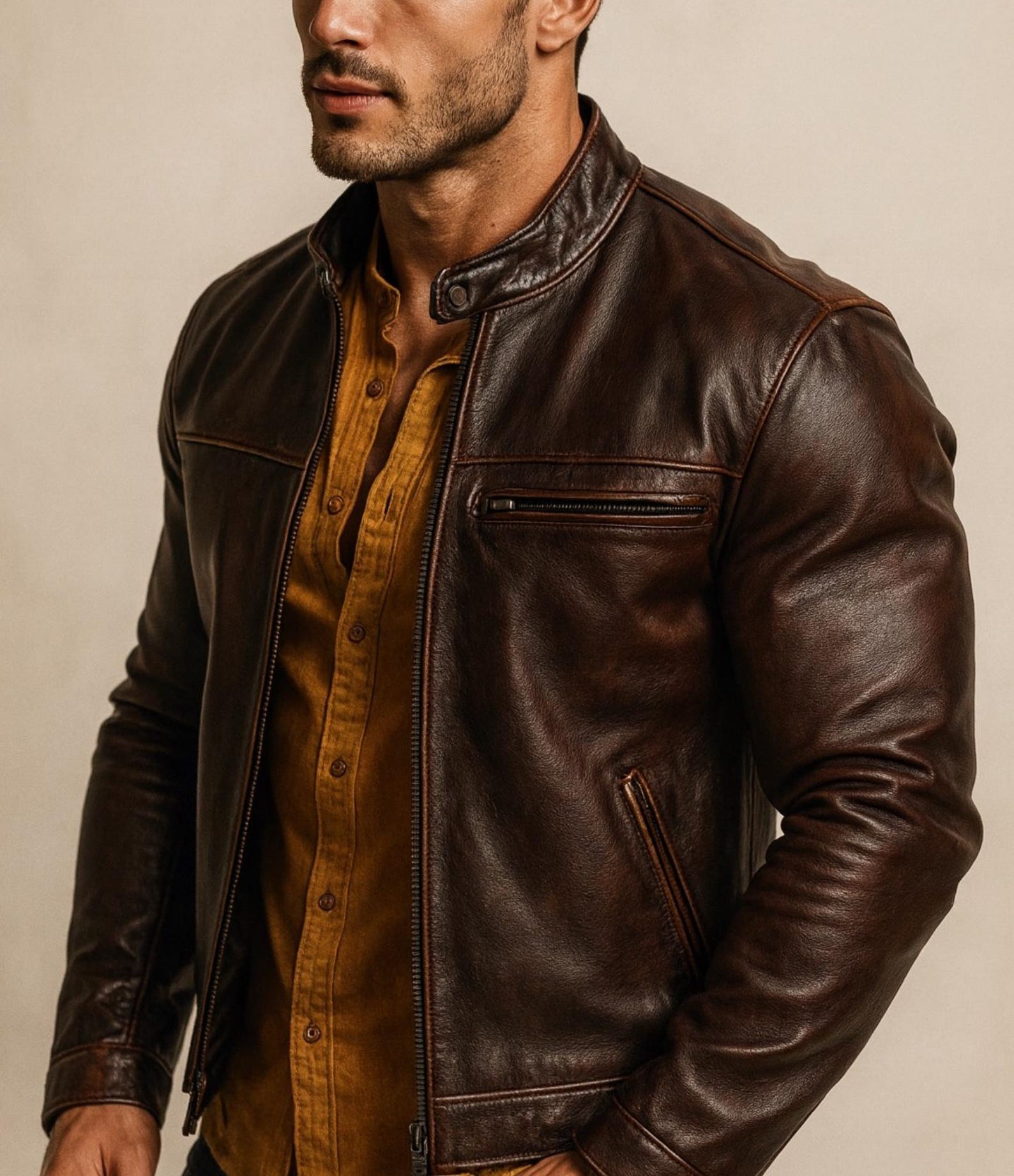 Men's Brown Sheep Leather Moto lacket | Slim Fit Racer Stryker by Daaran