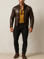Men's Brown Sheep Leather Moto lacket | Slim Fit Racer Stryker by Daaran