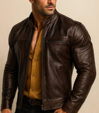 Men's Brown Sheep Leather Moto lacket | Slim Fit Racer Stryker by Daaran