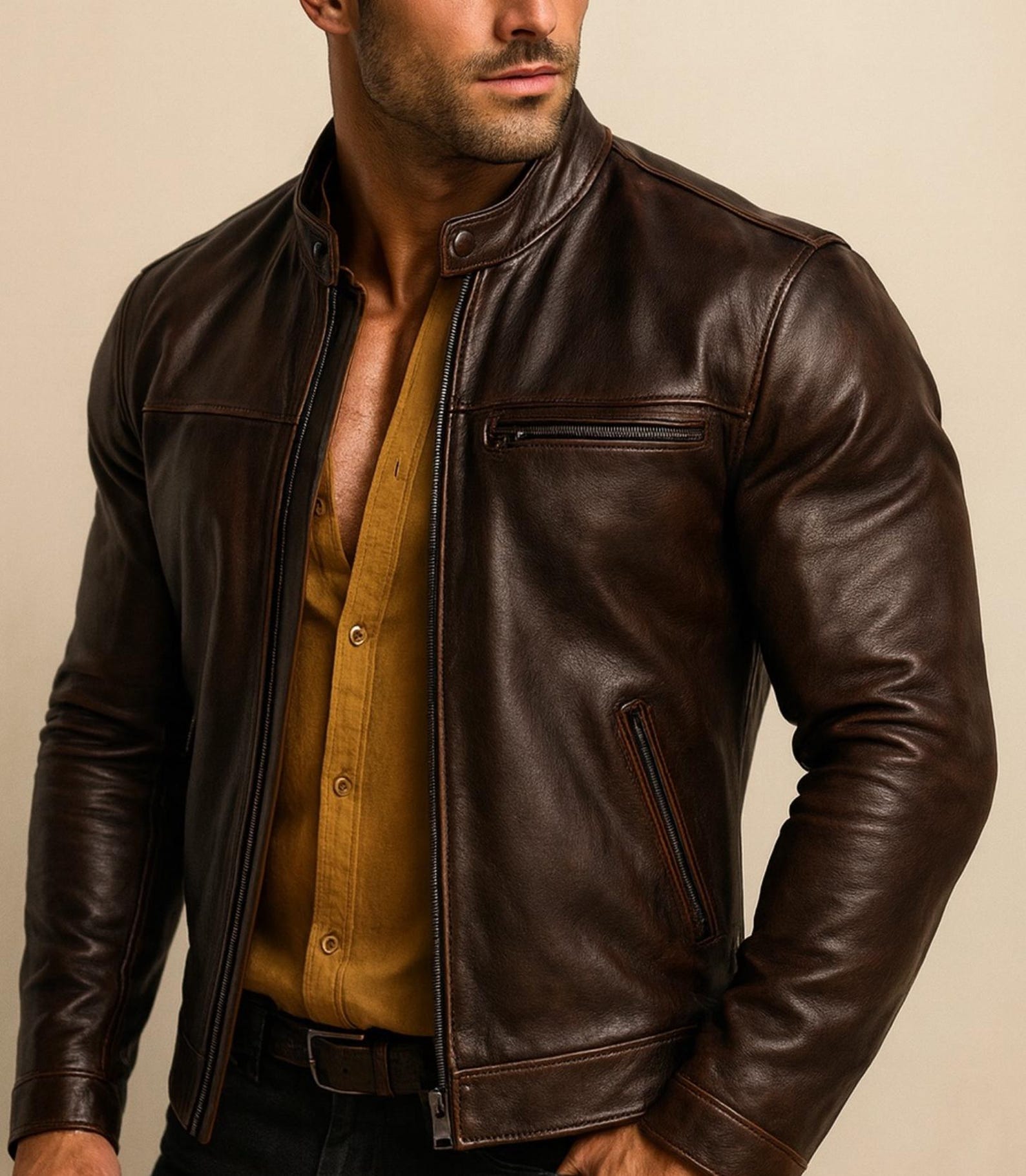Men's Brown Sheep Leather Moto lacket | Slim Fit Racer Stryker by Daaran